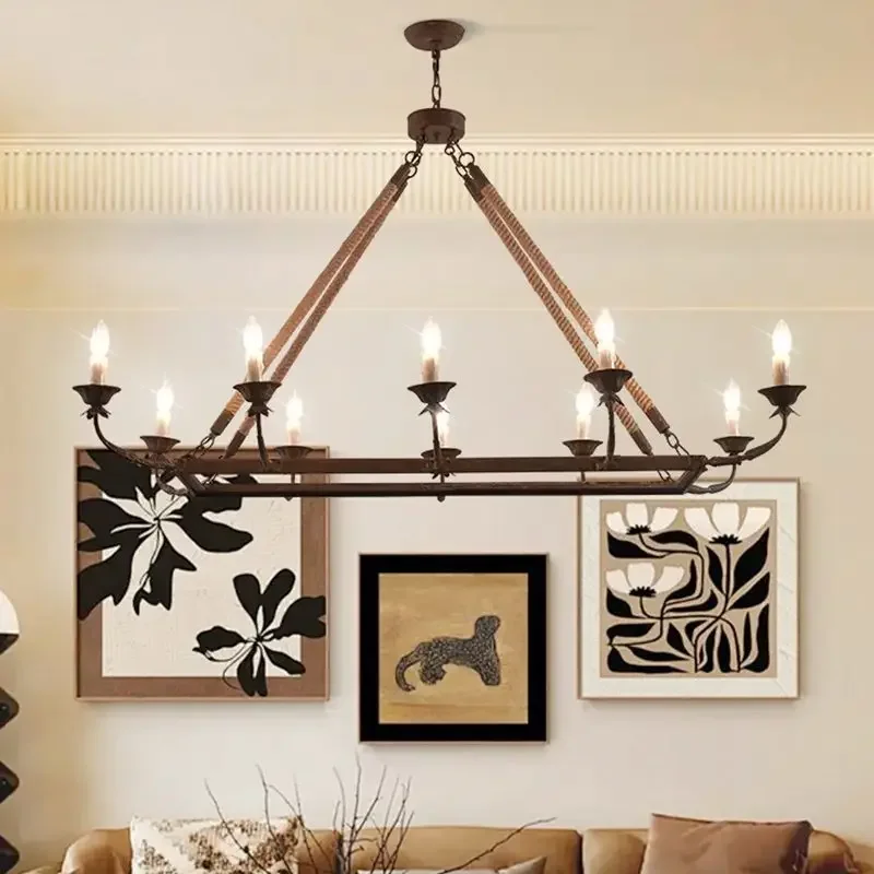 

French Vintage Rectangular Pendant Light Industrial Style Restaurant Chandelier with Hemp Rope