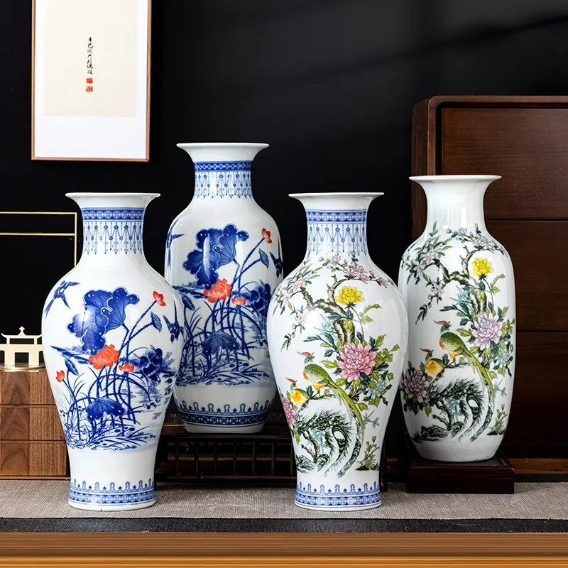 New Chinese style Jingdezhen ceramic vase living room decoration, hydroponic flower arrangement, blue and white porcelain decora