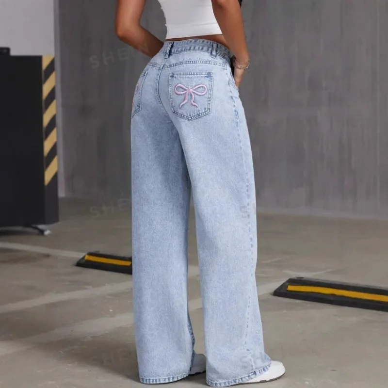 Y2k Retro Harajuku Bow Embroidery Washed Jeans Women American Sweet Spicy Wind Straight Loose Pants Wide Leg Jeans