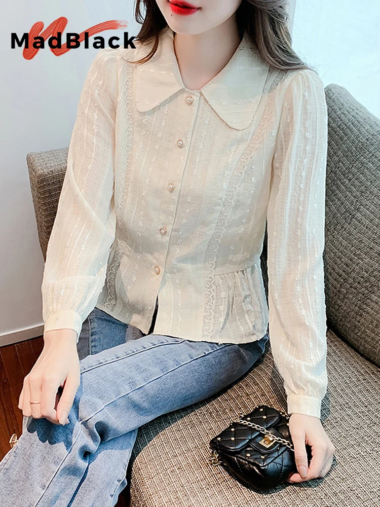 

MadBlack-Women European Shirt, Sexy Polo-Neck Lace Patchwork, Fashion Lantern Sleeve Loose S-2XL Blouse, 2026 Spring T5D814CC