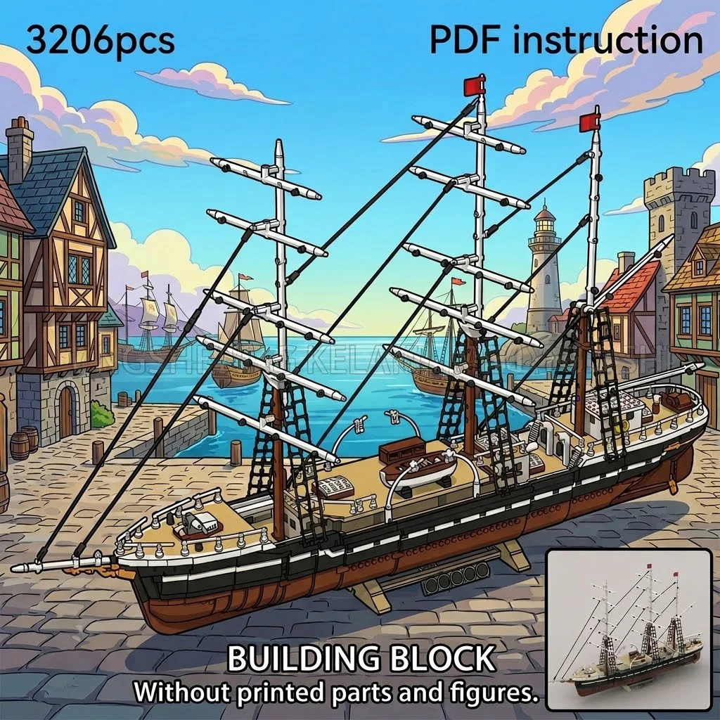 

Классический трехмачтовый парусник с детализированным оснащением и деревянной палубой, исторический корабль, модель MOC для 252249