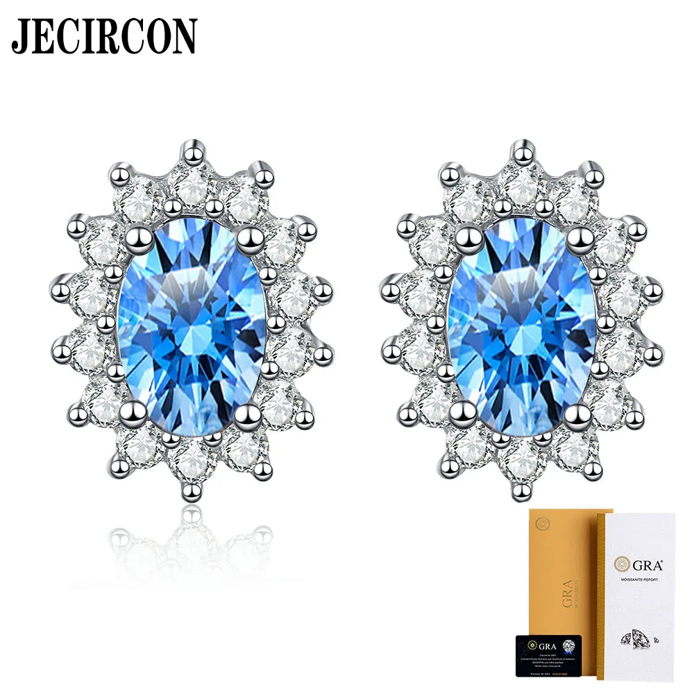 

JECIRCON 925 Sterling Silver Stud Earrings for Women Valentine's Day Gift 1ct Oval Sapphire Blue Moissanite New Versatile Design