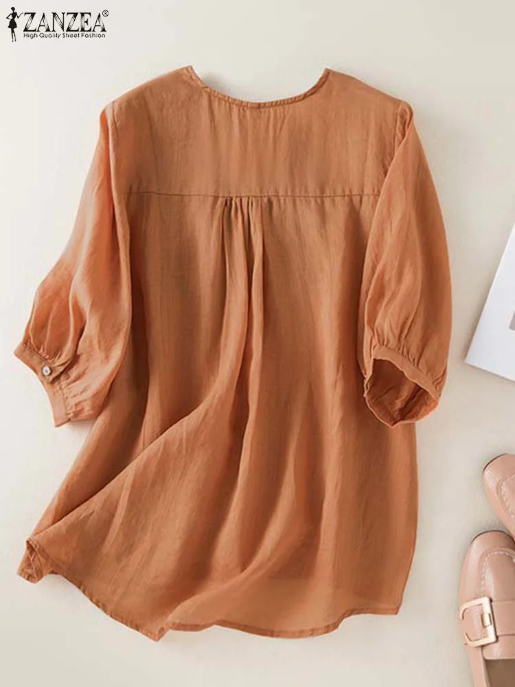 ZANZEA 2024 Summer Half Sleeve Fashion Solid V-neck Tops Oversize Women Casual Blouse Shirts Embroidery Stitching Tunic Femme