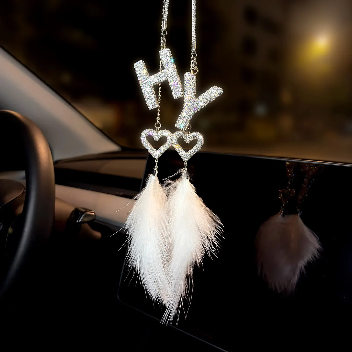 Crystal Rhinestone Letter Car Pendant Luxury Rearview Mirror Charm Diamond Hanging Ornament for Women