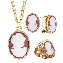 Lady Queen Cameo Necklace Earring Ring Jewelry Sets For Women Gold Color Red Resin Cameo Head Fashion Flower Pendant Women Sets