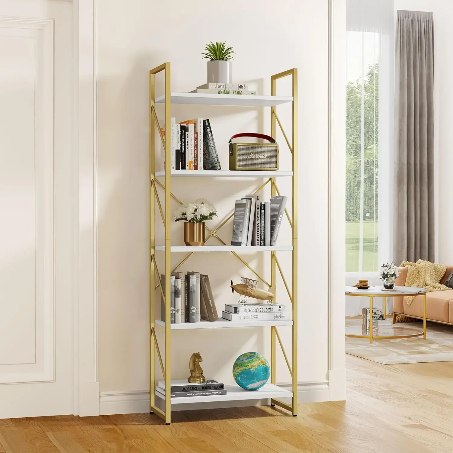 5 Tiers Gold Bookshelf, Modern Bookshelf, Storage Shelves in Living Room/Home/Office, Books Holder Organizer for Movies