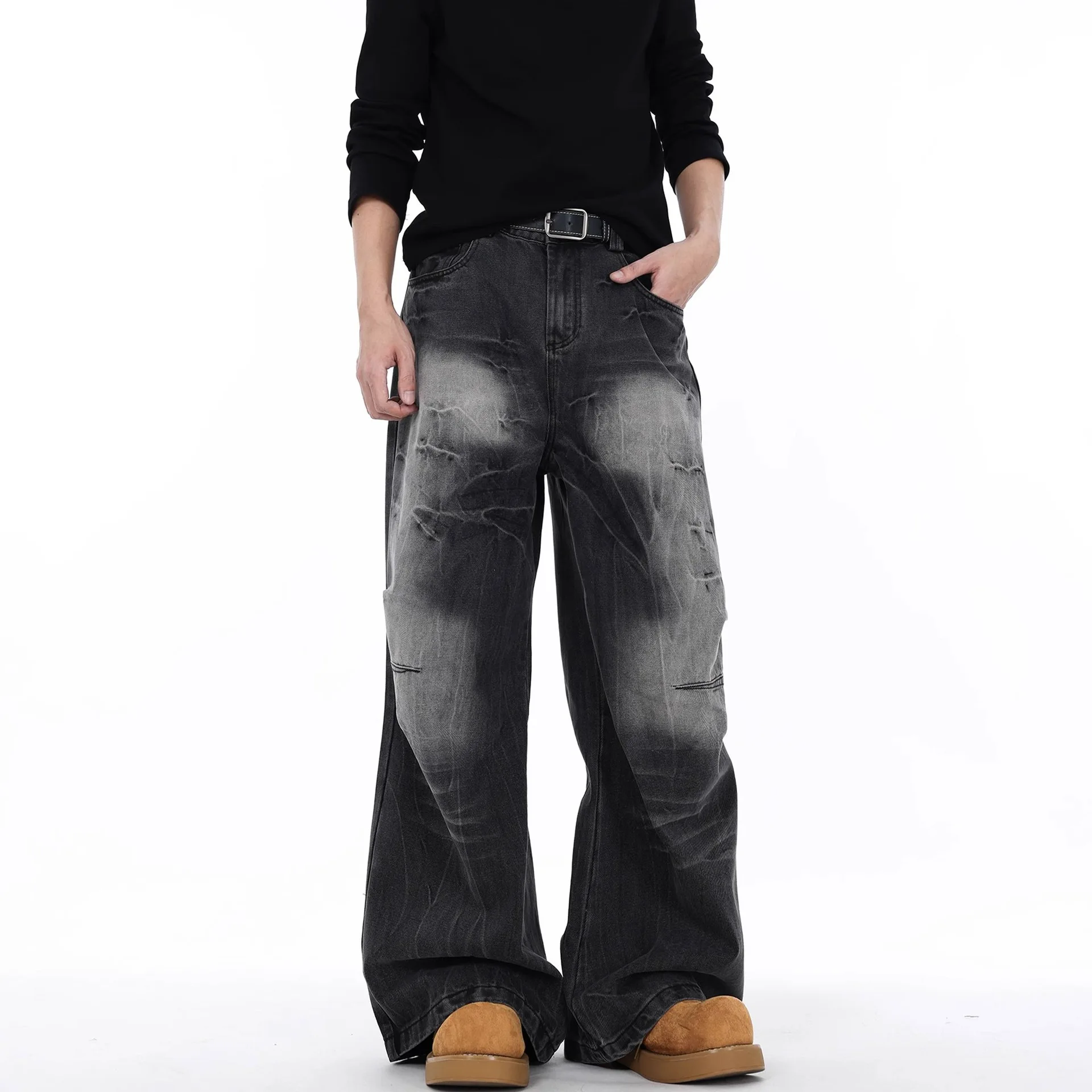 2026 Spring Autumn New Fashion American Men's Washed Loose Straight Wide Leg Denim Trousers Male High Street Black Jeans Pants