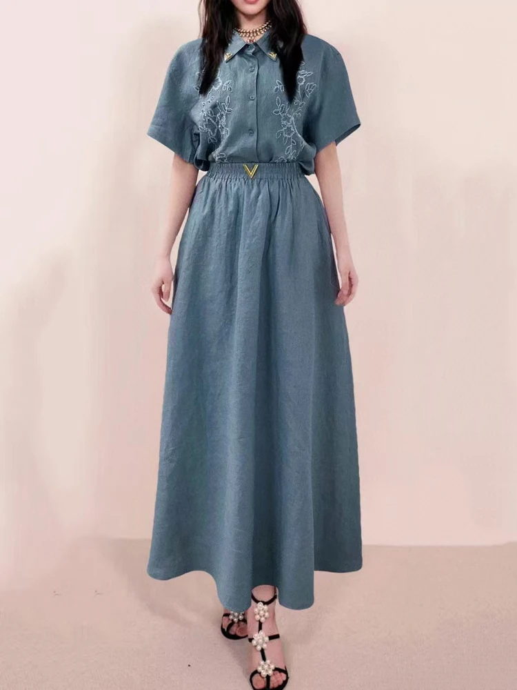 

Embroidered flower lapel irregular straight shirt two-piece 2025 summer women's wear + elastic waist loose skirt fashion set