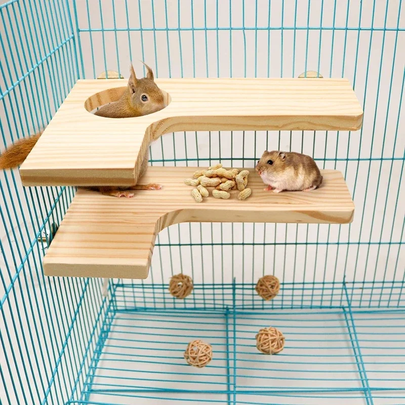 L-Shaped Hamsters Wooden Climbing Platform Cage Accessories Small Pet Fun Hideaway for Guinea Pigs Playing Pedal with Round Hole