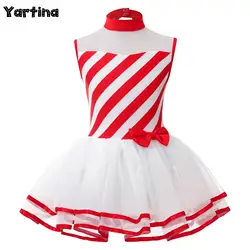 Kids Girls Christmas Candy Cane Cosplay Costume Ballet Figure Skating Tight Fitting Jumpsuit Mesh Yoke Ribbon Trim Tutu Skirt