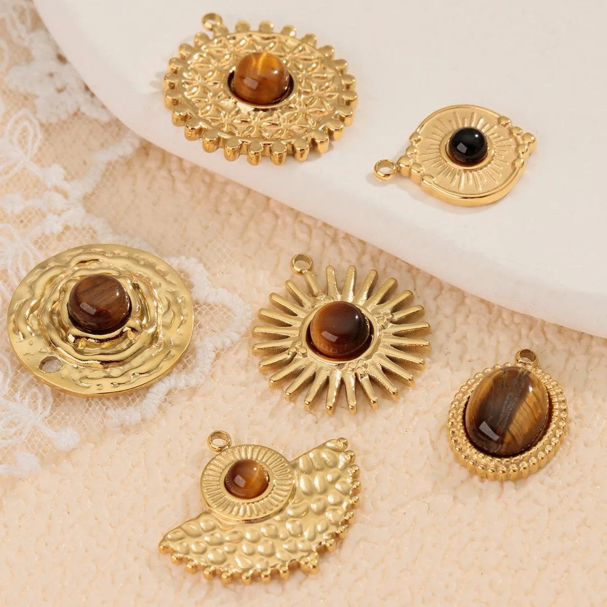 Vintage Sunburst Star Tiger Eye Stone Pendant DIY Jewelry Accessory Stainless Steel Gold Plated Necklace Charm for Women