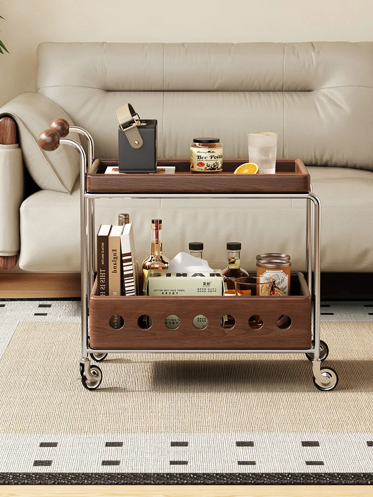 Zwarte walnootkar, opbergrek in de woonkamer, verplaatsbare massief houten salontafel bijzettafel