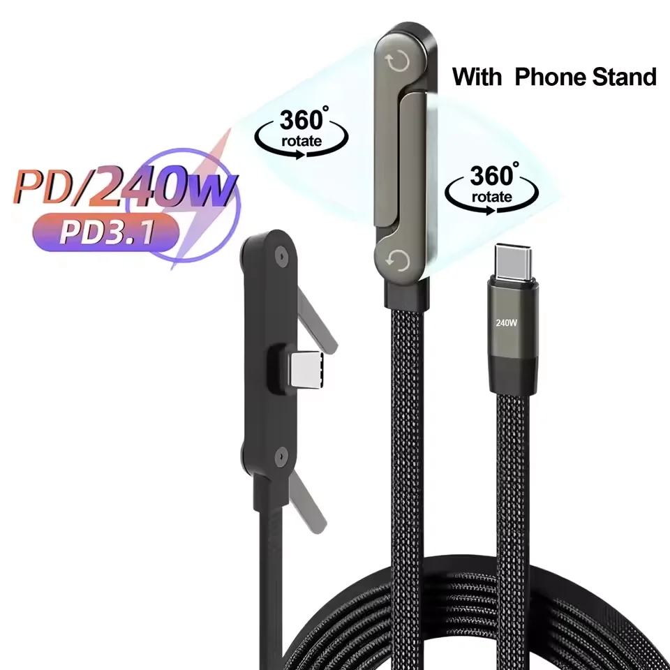 Cabo USB C 2 em 1 de 240W com carregamento rápido, suporte dobrável para mesa, cabo de dados para iPhone, Samsung, Xiaomi, Huawei