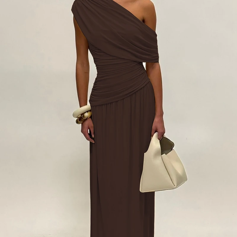 Hugcitar One Shoulder Ruched Sleeveless Solid Pleated Sexy Irregular Y2K Maxi Dress Summer Elegant Party Women Clothes Vacation