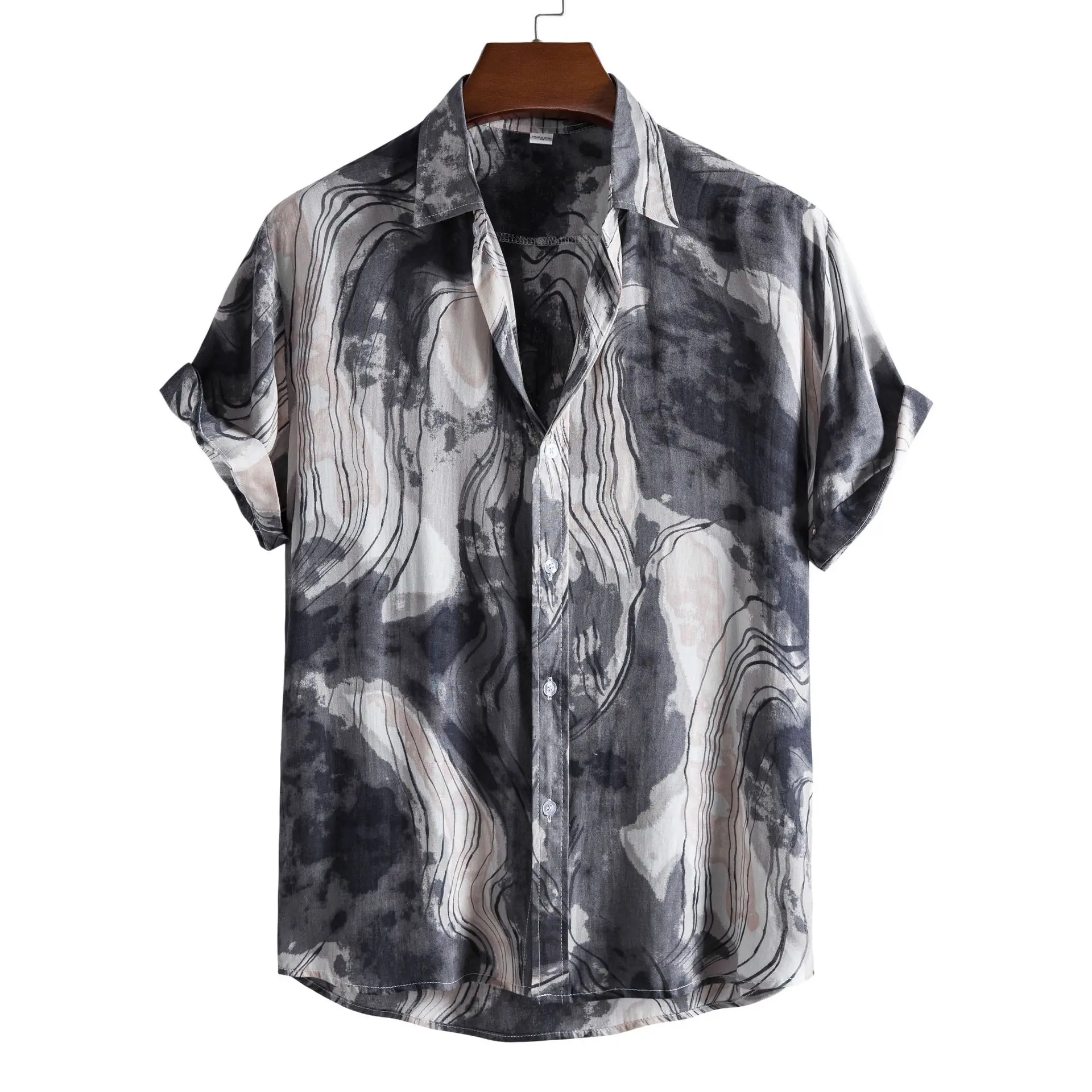 Men's Casual Shirt Striped Printed Short Sleeve Lapel Collar Bright Thread Flocking Cotton Youth Popular Four Seasons Universal