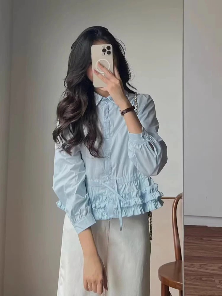 

Sweet Girl's irt with Wood ain Hem And Bow Waist Design Korean Sle Loose Fit Long Sve Spring New Arrival