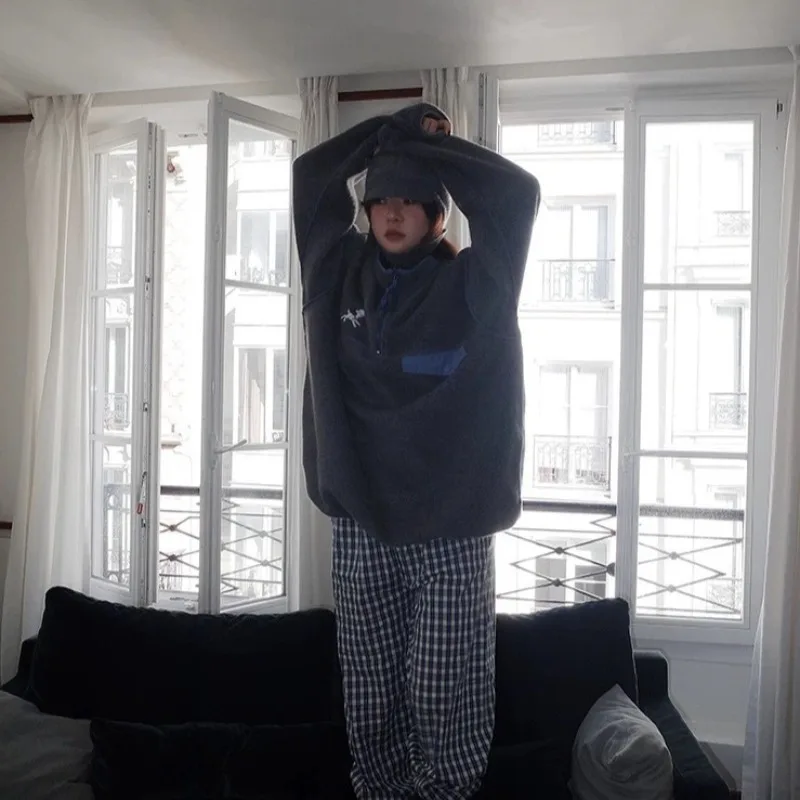 Polar Fleece Stitching Zipper Stand-up Collar Sweater Lamb Embroidery Loose Long Coat