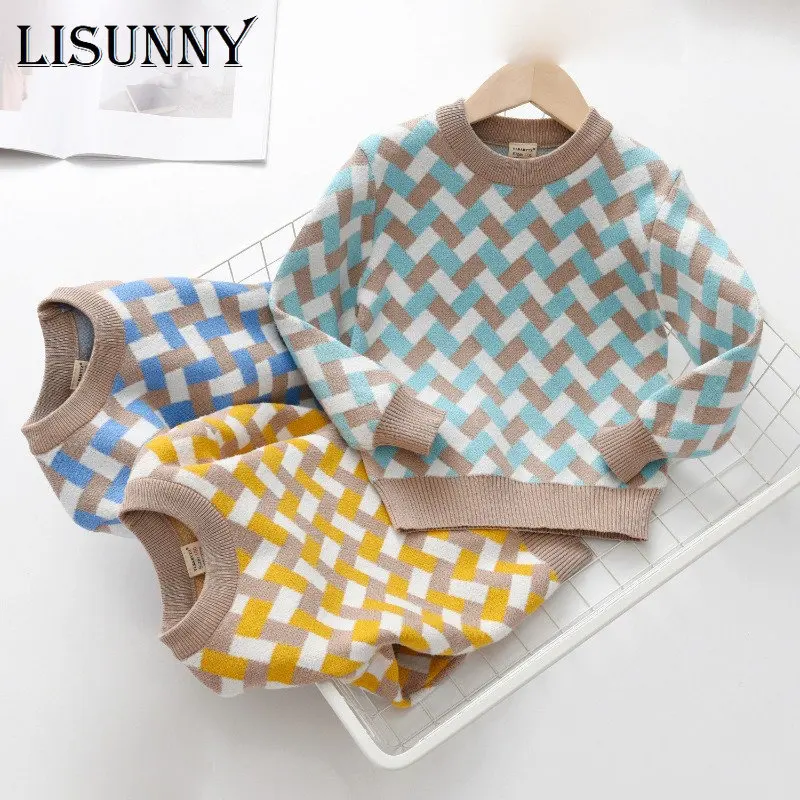 

2024 New Autumn Winter Children Plaid Stripe Knitted Sweaters pullover Kids Baby Boys Sweater Jumper Cotton Toddler Clothes 1-7y