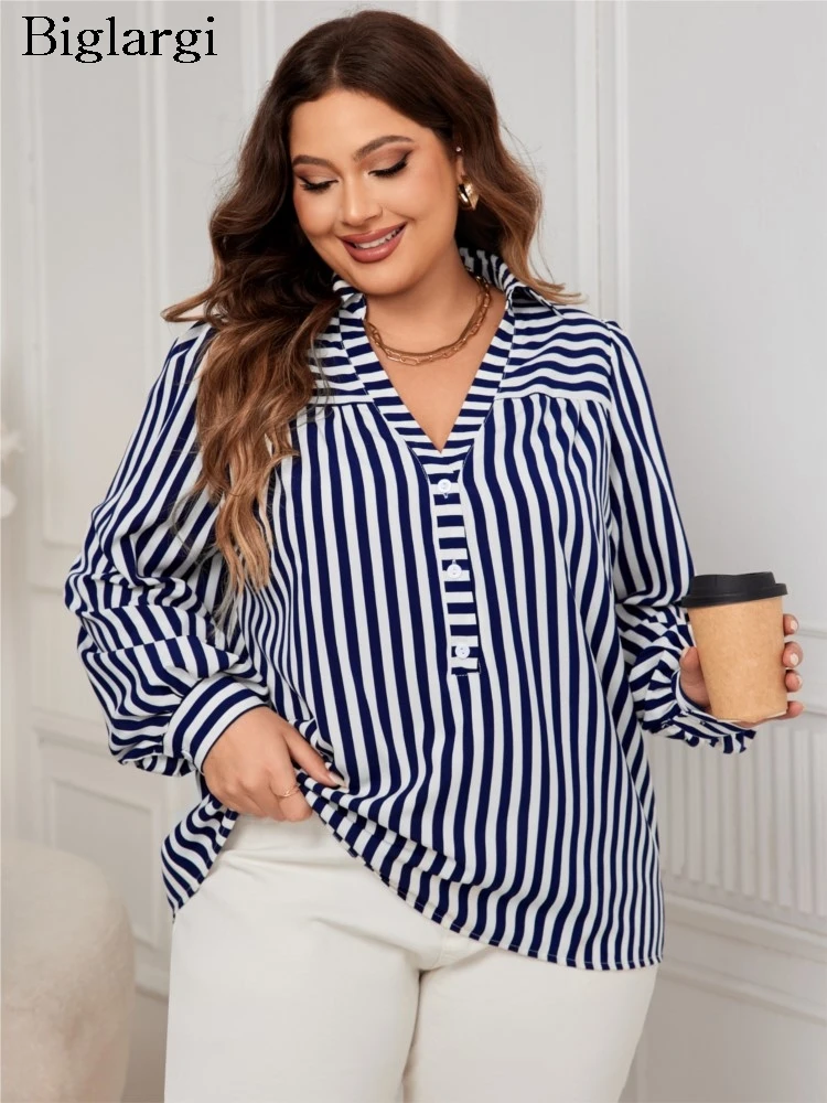 Plus Size Striped Print Autumn V-Neck Tops Women Loose Pleated Fashion Ladies Long Sleeve Blouses Casual Woman Pullover Tops