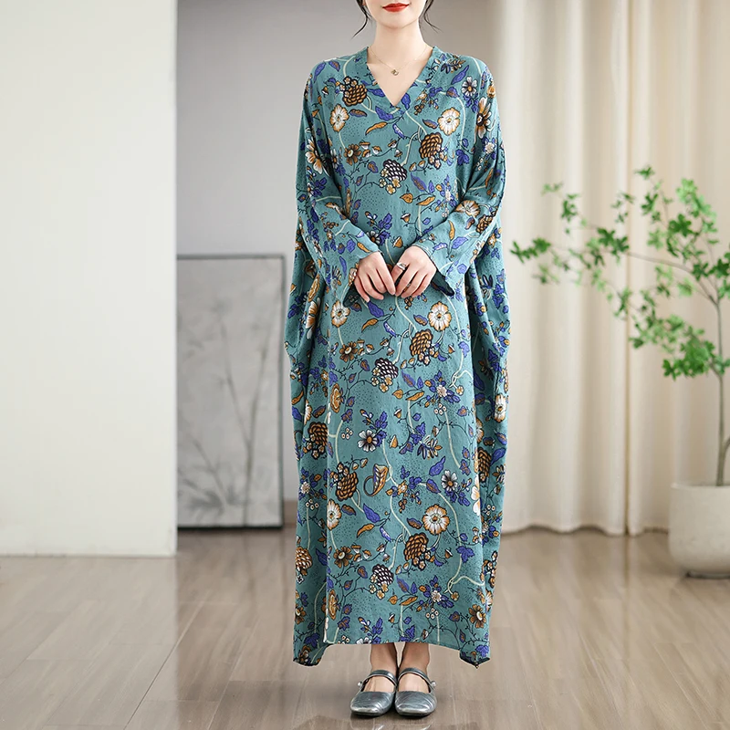 Robe longue rétro à col en V pour femmes, style vacances coloré, robe de voyage, coton chanvre, décontracté, printemps, automne, nouveau, A360