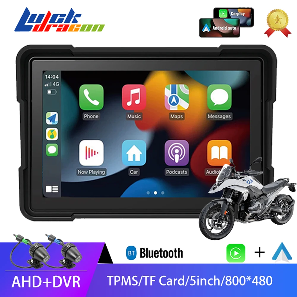 Luckdragon 5 Inch Motorcycle GPS Navigation Wireless Carplay Android Auto Portable Touch Screen IPX7 Waterproof Display Dual BT