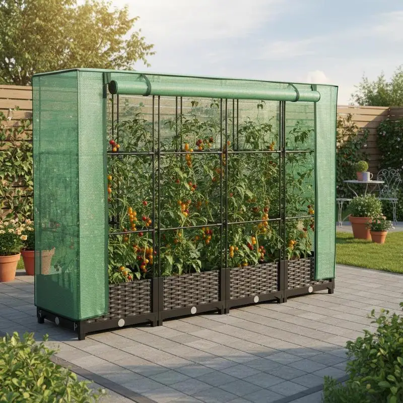 Pots à fleurs surélevés de 160 x 40 x 123 cm avec un aspect en rotin tressé. Fabriqués en polypropylène avec un robuste cadre métallique pour faciliter l'escalade des plantes, ces pots sont livrés avec un couvercle en polyéthylène pour protéger les plantes des insectes, des oiseaux et des petits animaux.