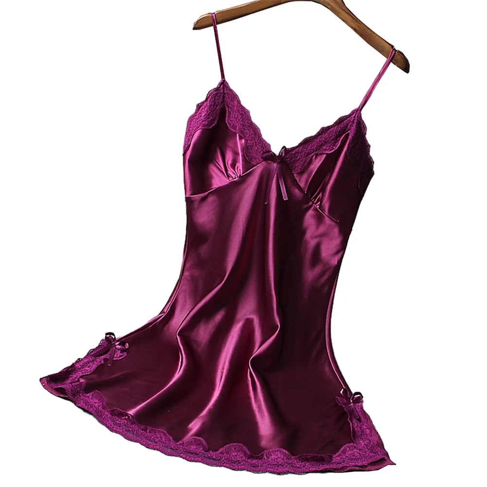 Lace Satin Nightdress Women Sexy Nightgown Nightwear Spaghetti Straps Nightdress Solid V Neck Sleepwear Sleeveless Night Dress