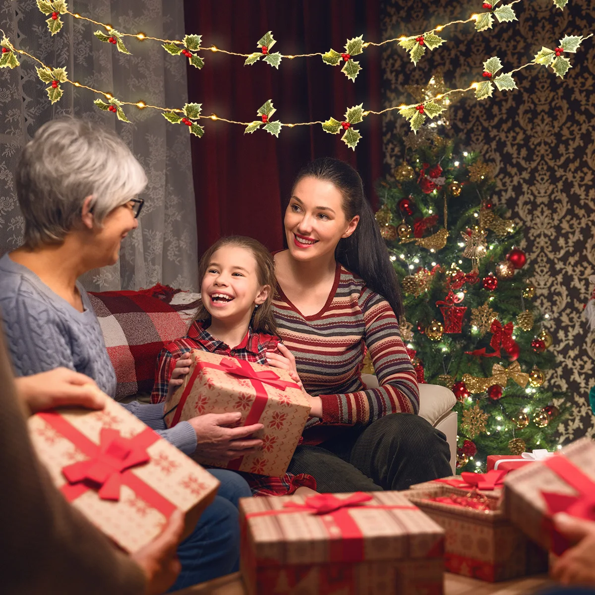 

1pc Pine Needle String Lights Red Berry Led Warm Copper For Christmas Party Festival Home Decorative Light