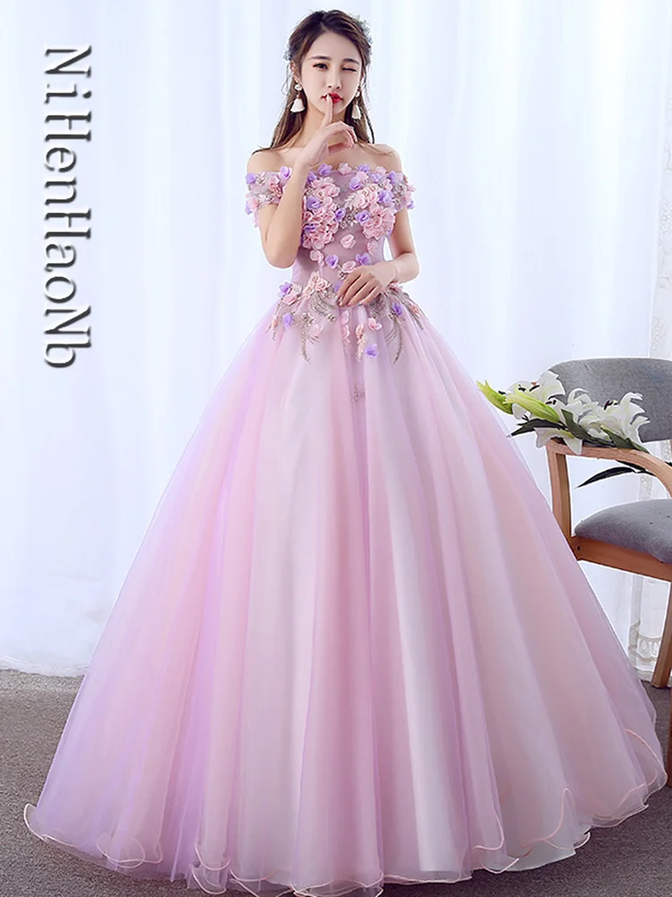 Vestidos de quinceañera con cuello barco para mujer, Vestido de baile largo con apliques de flores, elegante, para fiesta de graduación