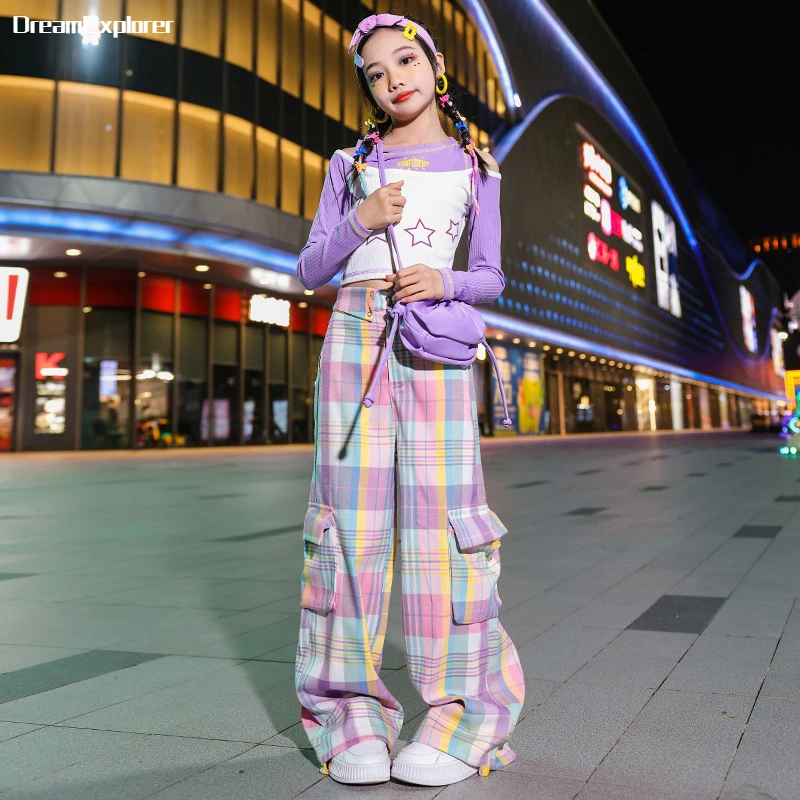 

Hip Hop Girls Crop Top Sweet Cargo Pants Child Plaid Joggers Streetwear Teen Costumes Kids Street Dance Jazz Lovely Clothes Sets