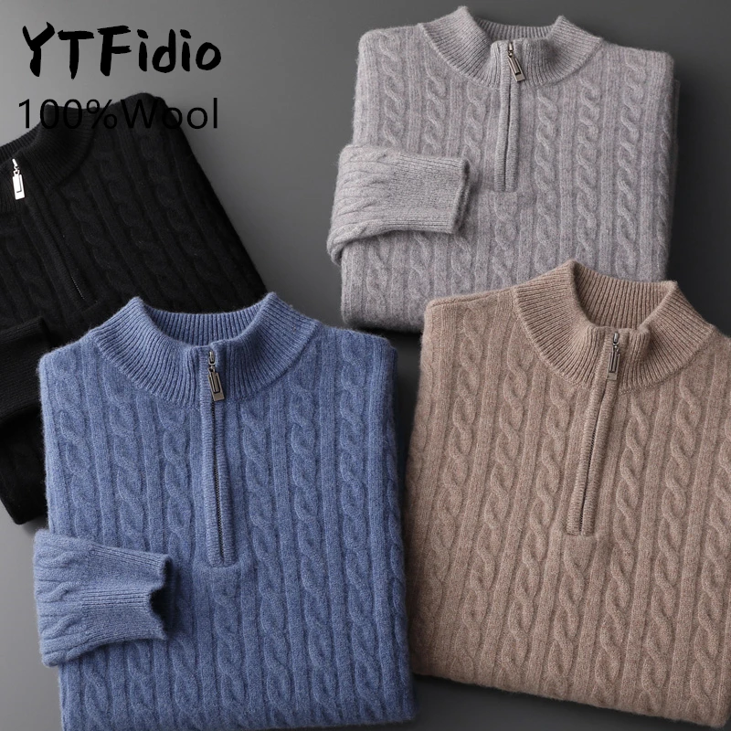 YTFidio 100% Wool Men Sweater Half Body Zipper Fried Dough Twist Thickened Warm Sweaters Solid Pullover Knitwear Basic 189