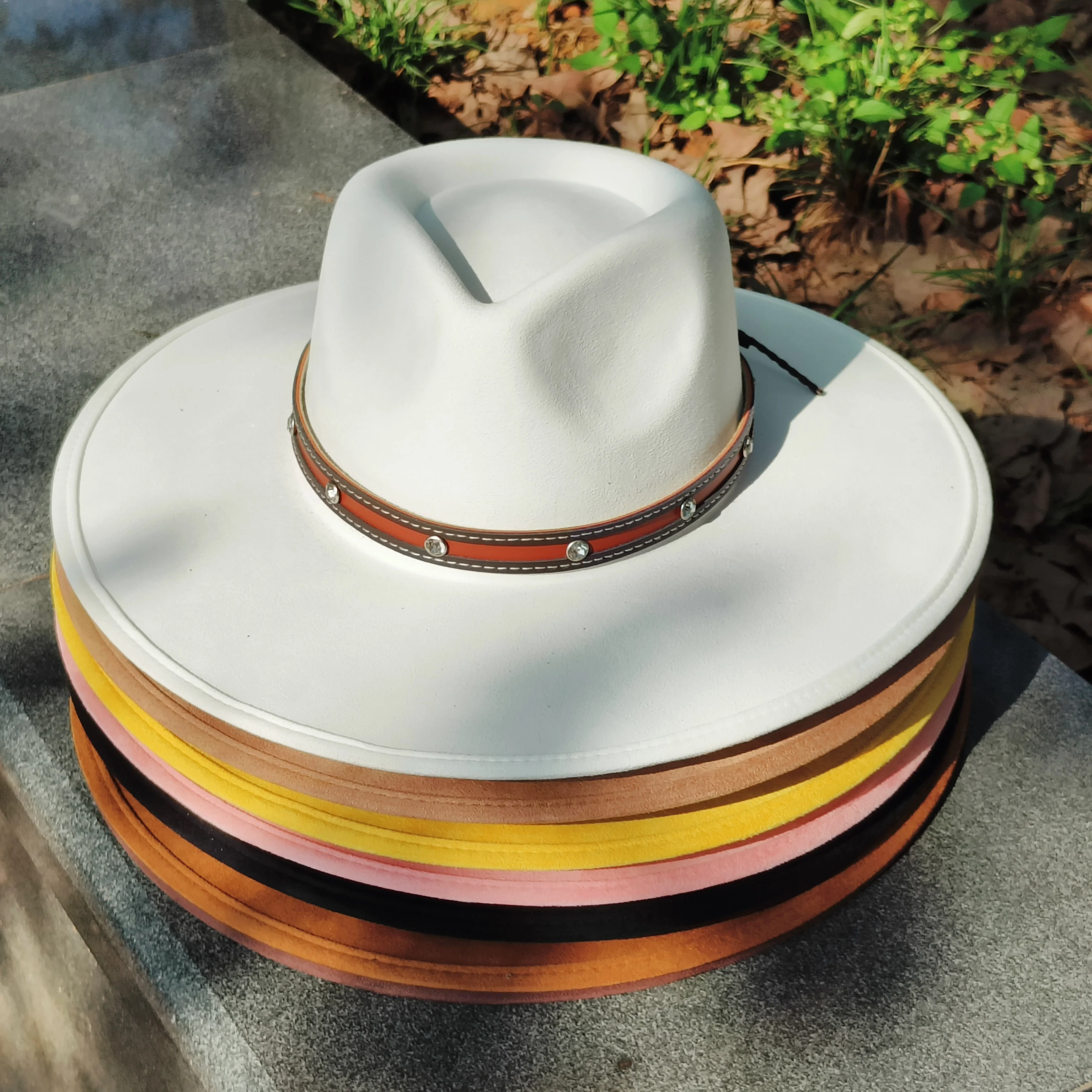 wegański zamszowy kapelusz fedora dla mężczyzn kobiety obszywane kapelusze 9.5cm szerokie rondo fedora duże kropelki górne czapki fedora sombrero шапка chapeu