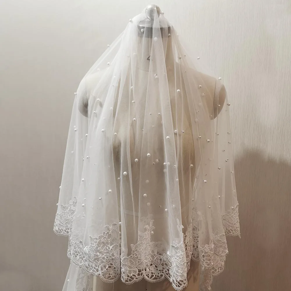 Luxury Pearls Wedding Veil with Lace Trim 137