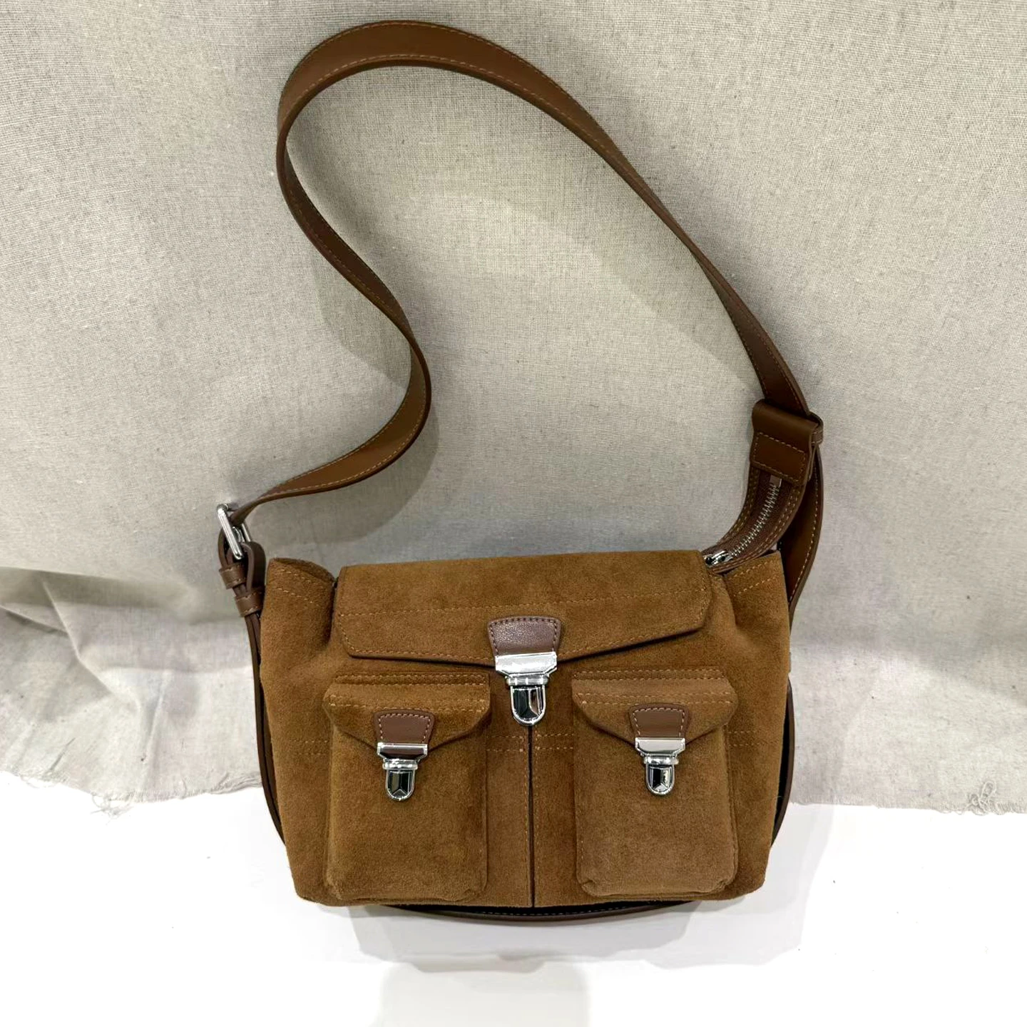 Suede Style Cowhide Crossbody Bag Women's Bag Multi-Pocket Three Lock Buckles Shoulder Bag Messenger Bag XHTY Fashion