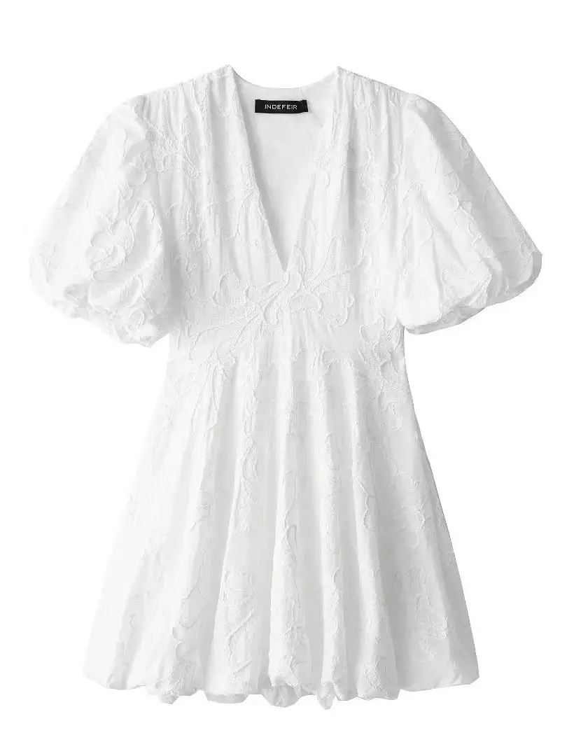 XNWMNZ 2024 Women Fashion White embroidered fluffy dress vacation V-neck short puff sleeve versatile female chic mini dresses