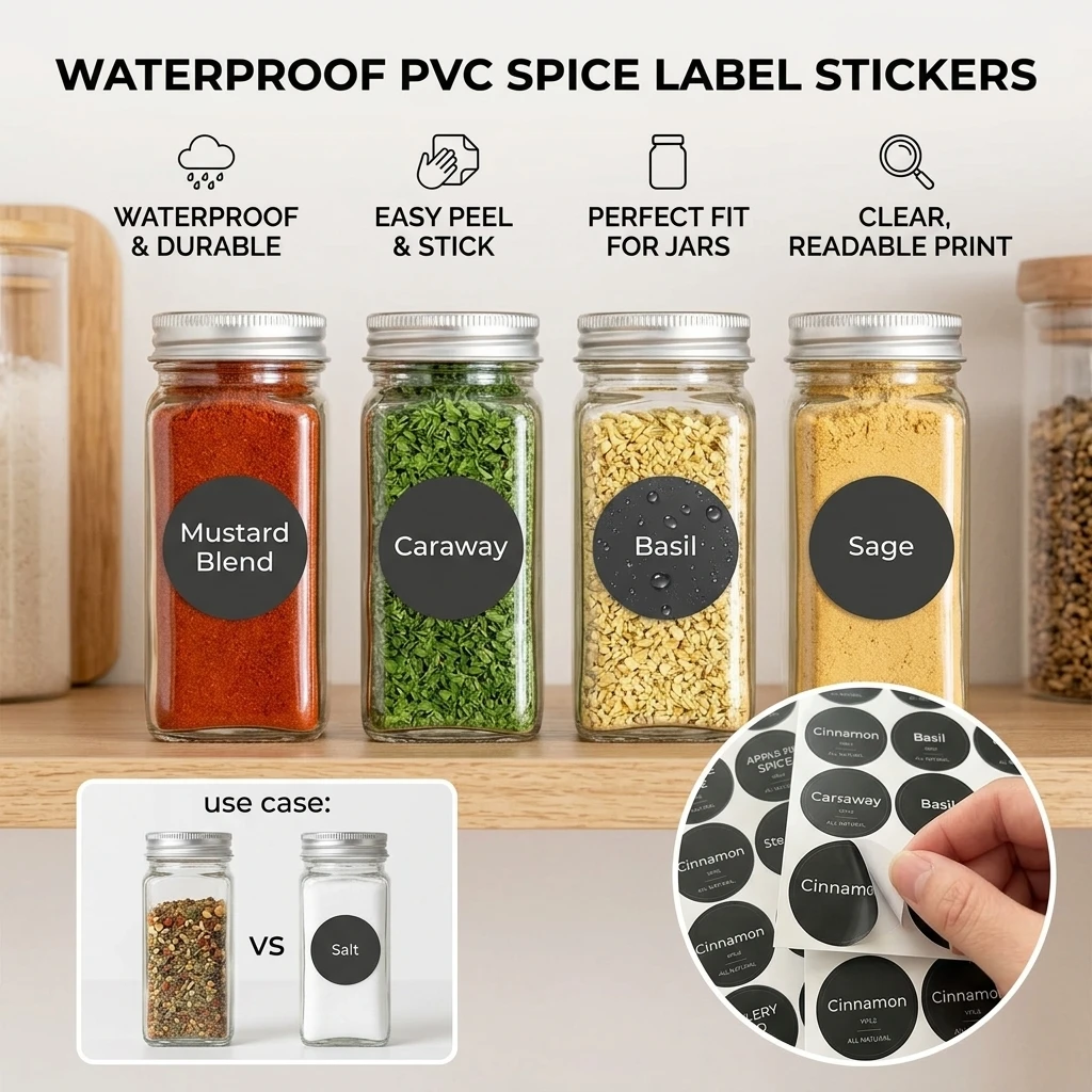 Round PVC Spice Labels with English Names for Kitchen Glass Jars Waterproof and Durable
