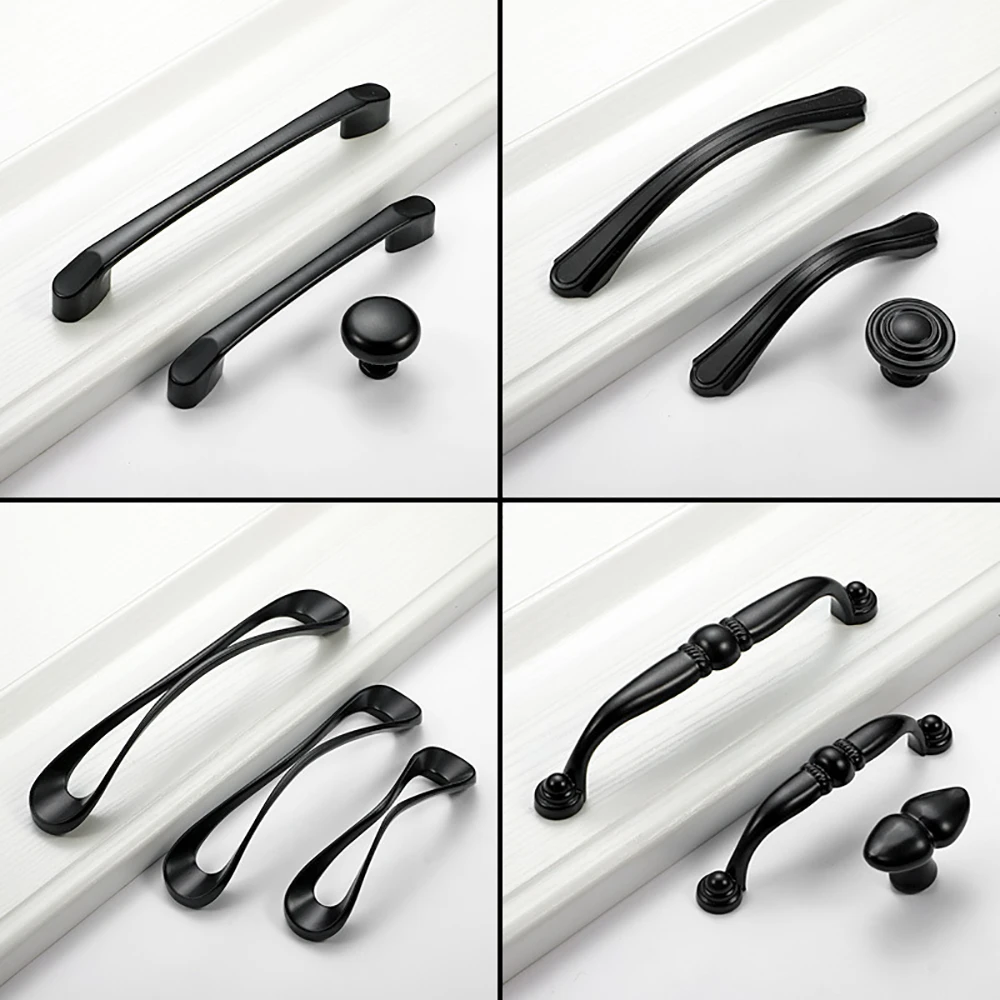 Black Handles for Furniture Cabinet Knobs and Kitchen Drawer Pulls Cupboard Zinc Alloy Handle Hardware