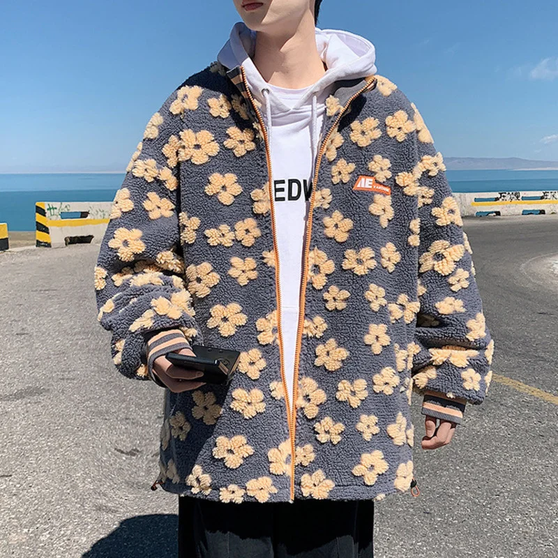 프린트 인조 양털 실 스탠드 칼라 코튼 재킷, 커플 루즈 플리스 재킷, 지퍼 코트, 꽃 겨울 패션