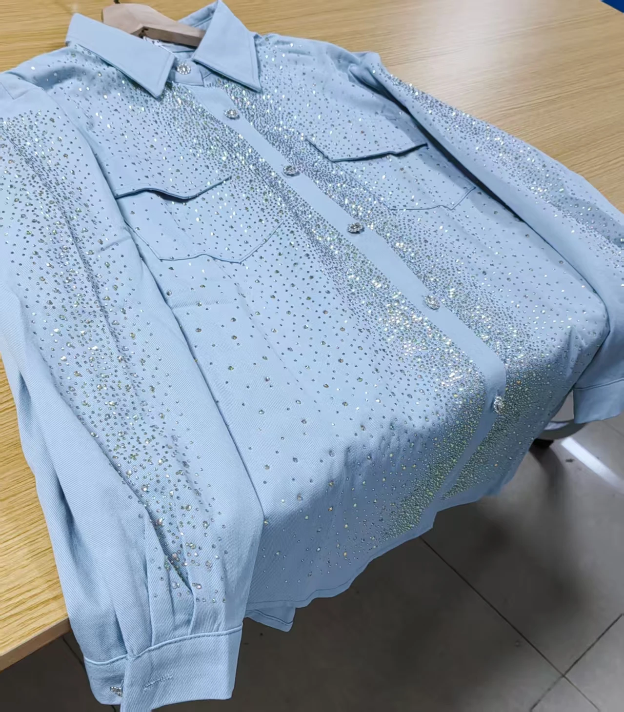 

High-end Blingbling Diamonds Women's Blue Denim Shirts Blouses Long Sleeve Loose Casual Tops 2025 Spring Trend Clothes