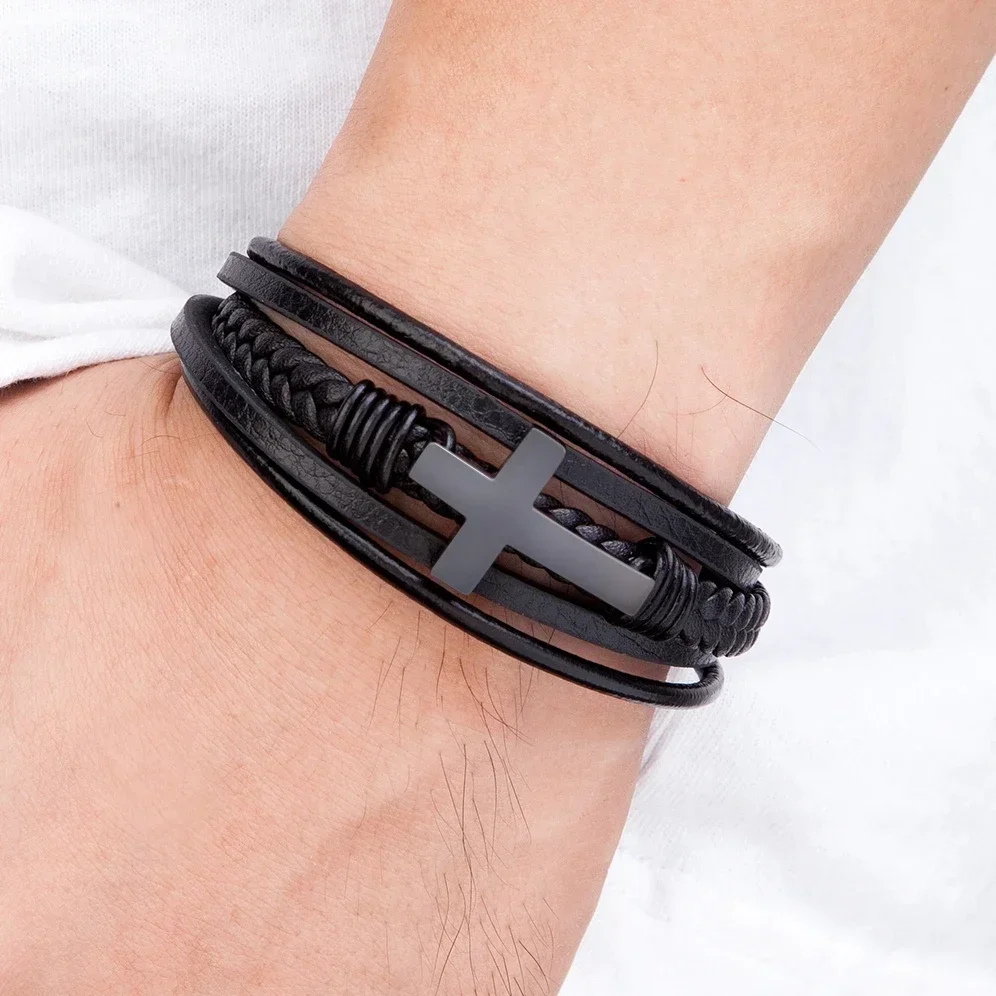 Men Bracelets Luxury Multicolor Cross Design Classic Stainless Steel Multi Layer Men Leather Bracelet 19/21/23cm Handsome Gifts
