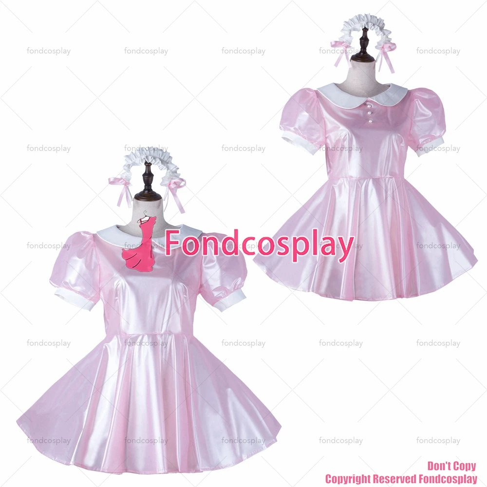 

fondcosplay adult sexy cross dressing sissy maid baby pink clear pvc dress lockable Uniform Peter Pan collar CD/TV[G2231]