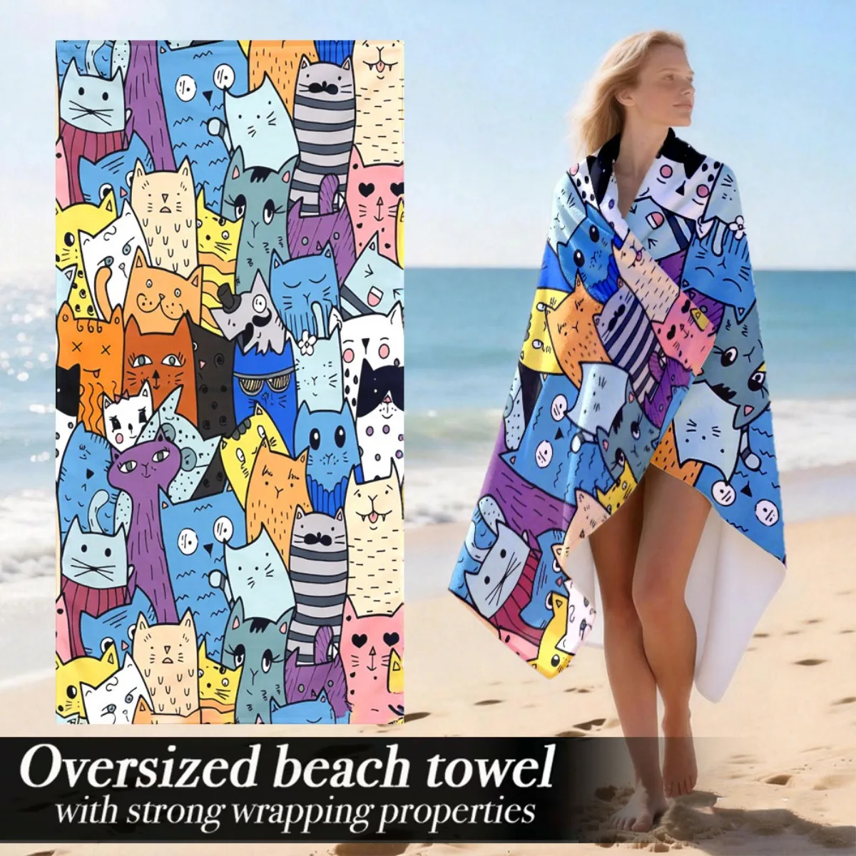 

Cute Cartoon Cats Oversized Beach Towel Patterned Sunscreen And Windproof Suitable For Swimming Pool Camping Travel Blanket