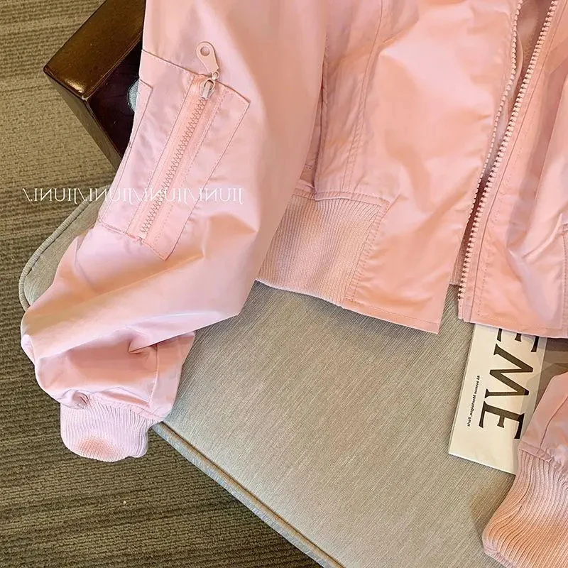 Women Y2K Pink Baseball Jacket Spring Fall Korean Sweet Cargo Coat Long Sleeve Zip Preppy Style Chic Causal Street Outwear