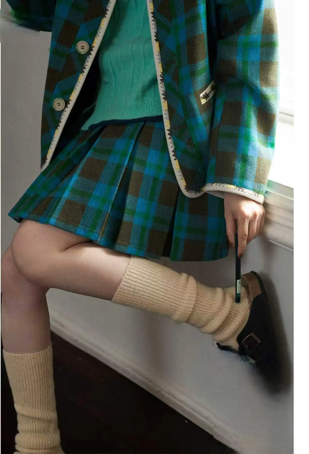 Early Spring New Vintage Blue-Green Plaid Pleated Mini Skirt