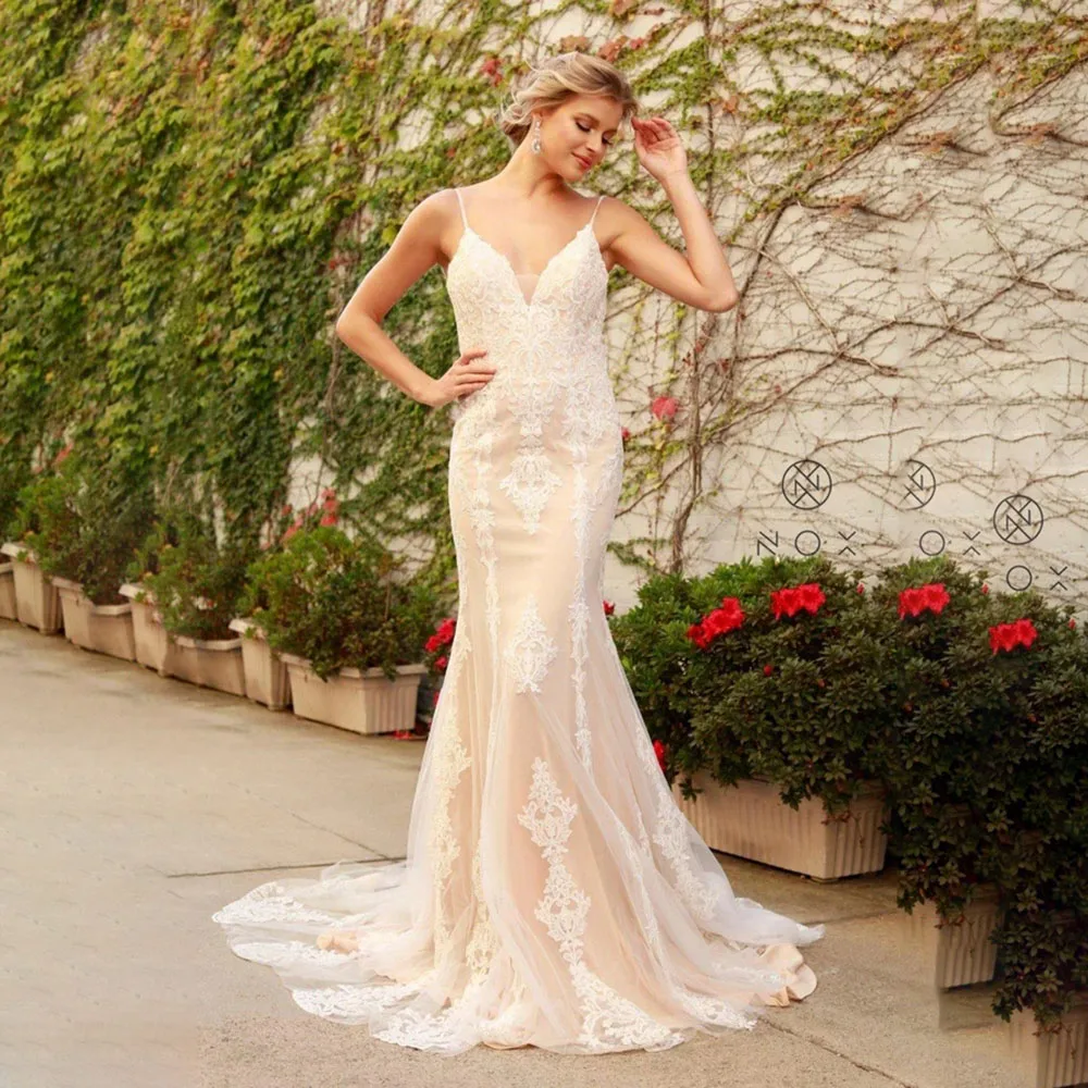 

Customized Spaghetti Strap Sleeveless Marry Dress Skirt for Women Mermaid Pleat Tulle Sweep Train with Embroidery Wedding Gowns