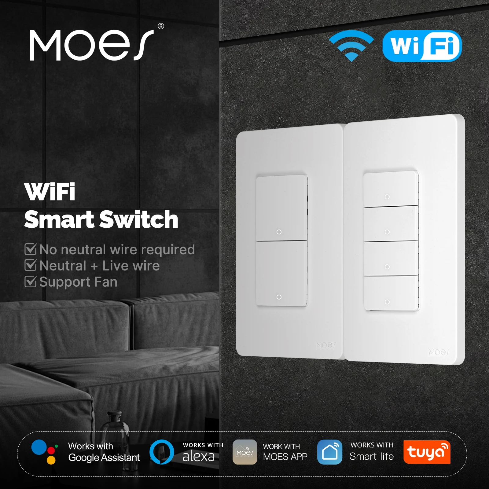 MOES Tuya Wi-Fi Smart Button Wall Switch (US Single-Live/Neutral Wire),Work with Alexa and Google Home,No Neutral Wire Required