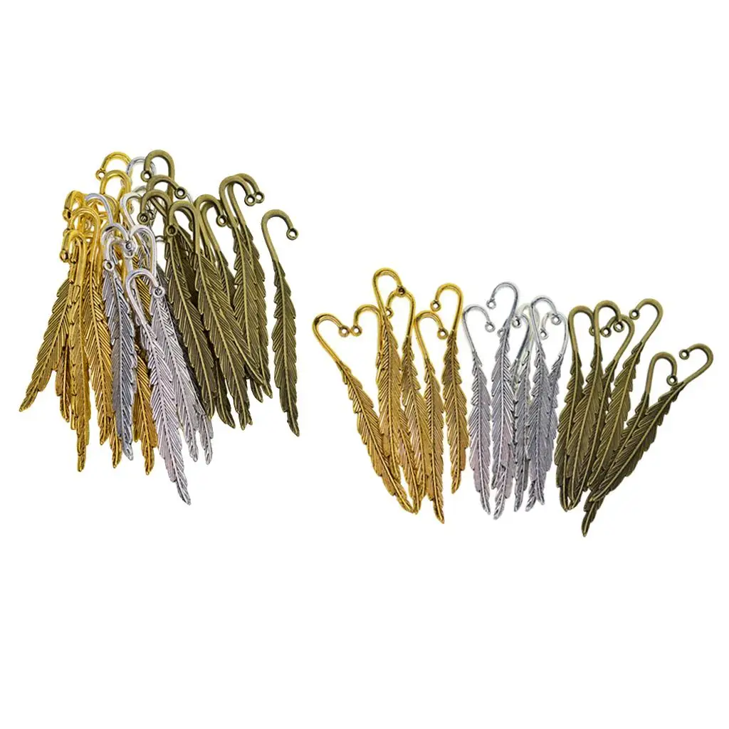 48Pcs Antique Feather Bookmarks Beading Book Mark with Hoop DIY Pendant Jewelry
