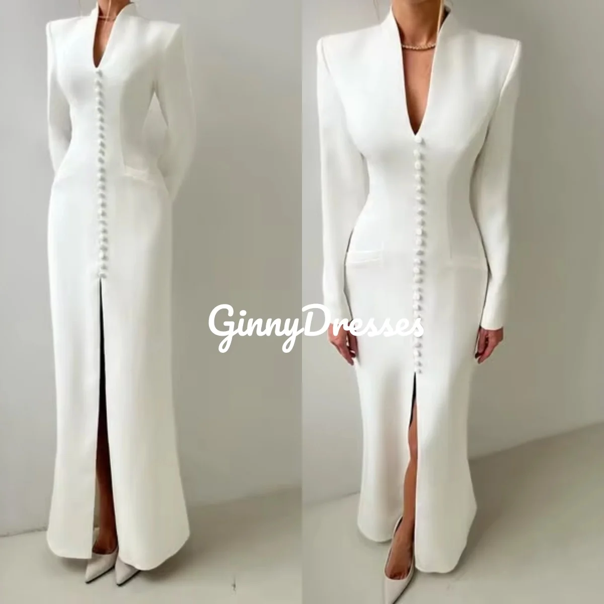 

فساتين سهرة Customize A-Line Split Floor-Length Dresses For Special Events Deep V-Neck Zipper Up Long Sleeves Dresses For Prom