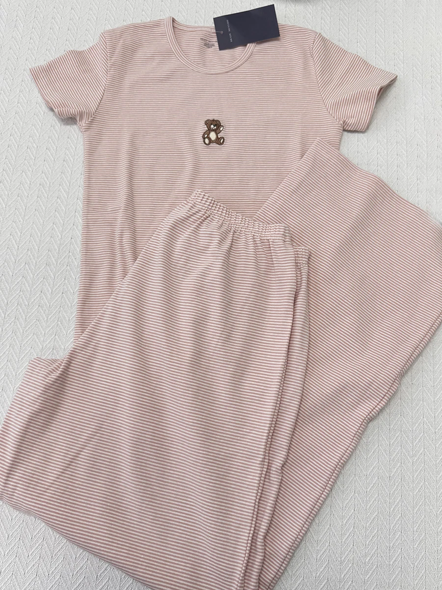 Little Duck Embroidery T-shirt Women Crew Neck Slim Short Sleeve Tee+Pant Sets Home Casual Pink Striped Pajamas 2 Piece Set New