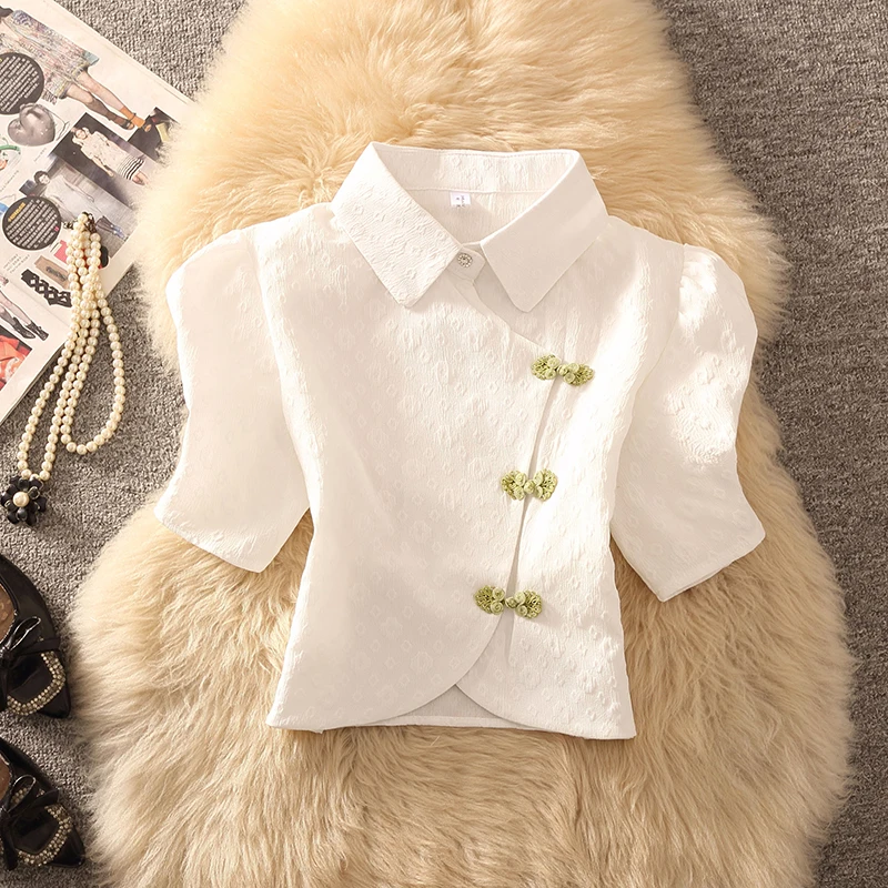

New Chinese style women shirts short top, shirt with button closure, short sleeved chiffon shirt, small shirt